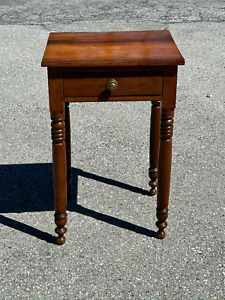 1820s Sheraton Cherry Country 1 Drawer Work Table Stand Nightstand Turned Legs