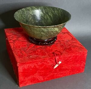 Vintage Chinese Green Spinach Jade Serving Bowl Translucent W Stand Box 8 