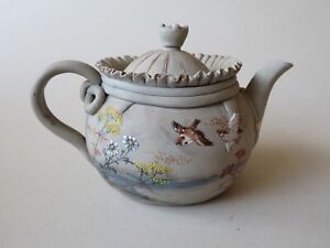 Fine Old Japanese Banko Teapot Bag Shaped Enameled With Birds Flowers