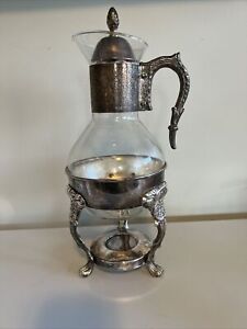 Vintage Ornate Silver Plated Coffee Tea Glass Carafe With Warmer Stand