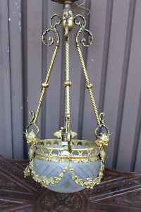 Antique Bronze Caryatid Head Crystal Glass Bowl Chandelier Lamp