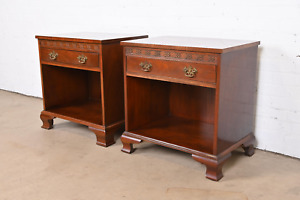 Baker Furniture English Chippendale Carved Mahogany Nightstands Pair