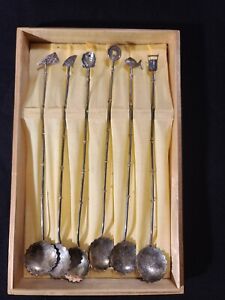 Sterling Ice Tea Spoons Asian Themed Wooden Box Bamboo Style Lucky Coin