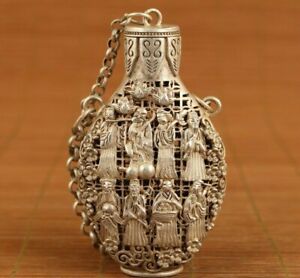 Chinese Old Tibet Silver Hollow Carved 8 Immortals Snuff Bottle Netsuke Box