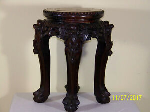 Chinese Qing Dy Hand Carved Floor Wood Vase Stand Stool Plant W Marble Top
