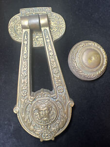 Antique English Neoclassical Door Knocker Large Solid Brass Doorknocker W Base