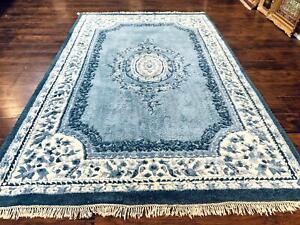 Indo Chinese Aubusson Rug 6x9 Light Blue Ivory Handmade Vintage Wool Carpet