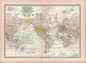 1897 Antique Century Atlas Map Of The World Excellent Detail