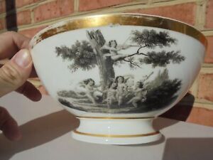 Antique French Old Paris Porcelain Neoclassical Ftd Bowl Black On White W Gold
