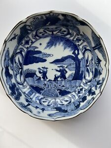 Antique Japanese Bowl Plate Children Scene Porcelain Blue And White Signed Mint