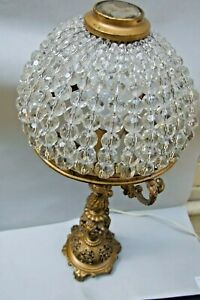 Antique Bohemian Hand Cut Crystal Beads Shade With Bronze Base Table Lamp 1900 S