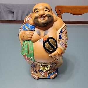Antique Kutani Satsuma Moriage Hotei Buddha Figurine Statue Japanese Signed