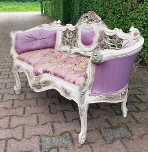 Exquisite Vintage French Louis Xvi Style Settee Sofa With Tufted Purple Damask