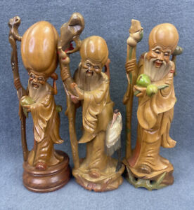 Vintage Wood Hand Carved Wise Men Figurine W Crane Fruit And Staff Lot Of 3