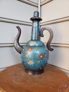 Rare Big Signed Antique Archaic Ewer Pot Vase Champleve Cloisonne Enamel 19th C 