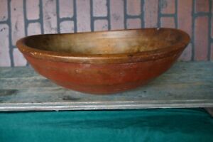 Antique 19th Century Circa 1850 Large Turned Wood Bowl Original Red Paint 16 In 