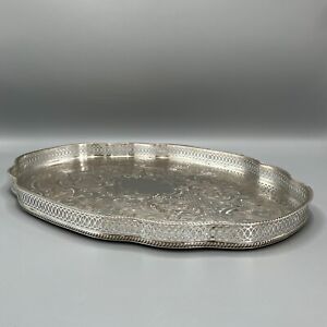 Large Vintage Silver Plated Gallery Tray Fancy Shape Cocktail Drinks English