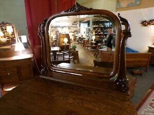 Antique Oak Highboy Dresser Ornate Carvings Bedeled Edge Mirror Refinished 1900 