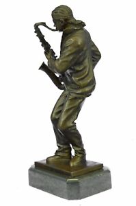 Art Deco Handcrafted Sax Saxophone Player Bronze Masterpiece Marble Figurine