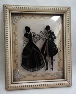 Vintage Bubble Convex Glass Silhouette Picture Wood Frame Early European Music