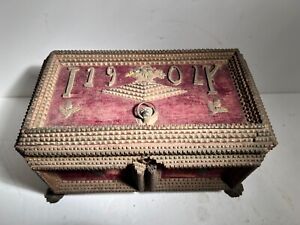 Antique Tramp Art Box Jewelry Box Carved Brass 1900 Chip Carved