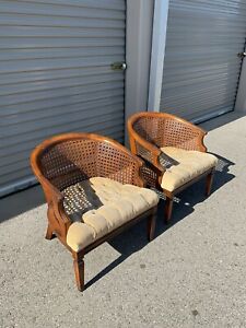Set Of 2 Mid Century Cane Back Barrel Chairs Quilted Seat Mesh Back Brown