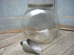 Antique Glass Jar Canister W Tin Lid Scoop