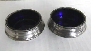 Pair Of Sterling Silver Salt Cellars Dips With Cobalt Blue Glass Inserts