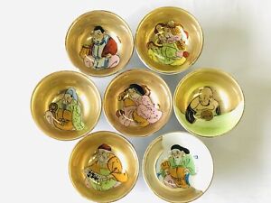 Y4826 Chawan Kutani Ware Sake Cup Set Of 7 Signed Box Japan Antique Tableware