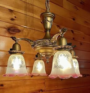 Antique 1910s 20 S Ceiling Light Lamp Fixture Victorian Nouveau Chandelier Gold