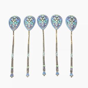 Set Of 5 Antique Imperial Russian Sterling Silver 84 Enamel Tea Spoons 1840 1927