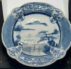 Japan Old Imari Ware Blue White Hand Painted Landscape Plate With Tabs Scalloped