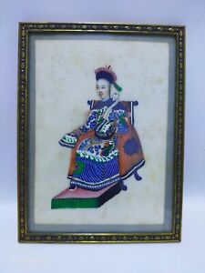 C19th Chinese Pith Rice Paper Painting Mounted In Elsinor Bubble Glass Frame
