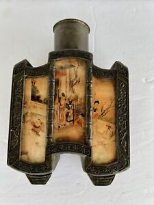 Chinese Shantou Pewter Hand Painted Glass Tea Caddy Mark Period