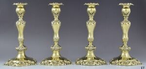 4 Antique English Victorian 1837 Gilt Gold Wash Sterling Silver Candlesticks