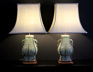 Mid Century Chinoiserie Style Cast Verdigis Bronze Table Lamps Attr James Mont