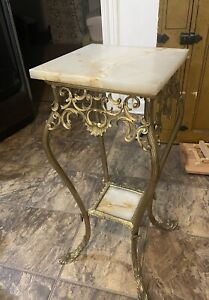 Rare Victorian Brass Stand W Marble Top