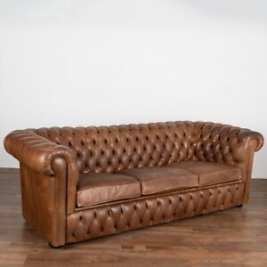 Vintage Brown Leather Three Seat Chesterfield Sofa Denmark Circa 1960 70