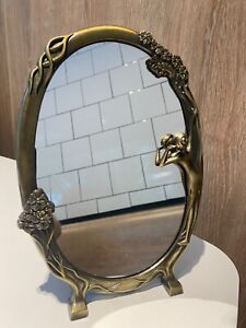 Art Nouveau Brass Tone Ivanity Mirror W Woman Peering Flowers 10 X 7 Vg 