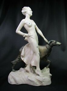 Art Deco Nude Lady W Dog Statue Signed Jw Lindner C 1935 Frankart Nuart Era 18 T