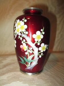 Vintage Ginbari Japanese Cherry Blossom Red Cloisonn Vase 4 75 Inches Tall