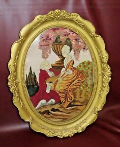 Antique French Style 30 Tall Oval Gilt Framed Needlepoint Couple In Courtyard