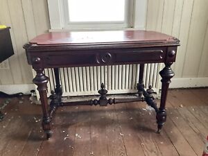 1860 Heavily Carved Victorian Library Table Walnut Rennisance Revival Very Nice