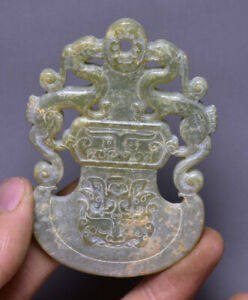 7cm Old Chinese Hetian Jade Carving Dynasty Palace Dragon Beast Weapon Pendant