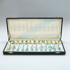 Set Of 12 Antique Russian Sterling Solid Silver 875 Spoons In Original Box 126g