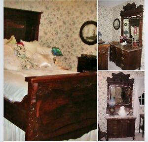Antique Victorian Mahogany 3 Piece Marble Top Bedroom Suite Set