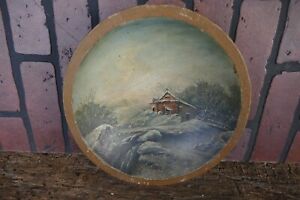 Antique 19th Century Wood Kitchen Dough Bowl Early Folk Art Oil Painting 11 Inch