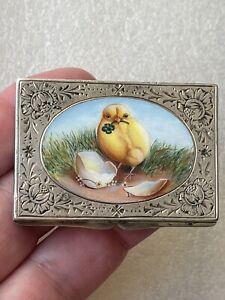 Austria 935 Compact Patch Pill Box Enamel Easter Chick W 4 Leaf Clover