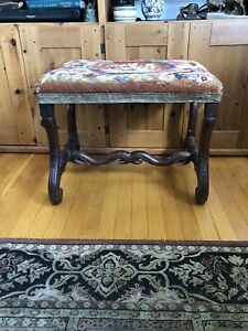 Antique Furniture Bench Foot Stool Ottoman Embroidery Needlepoint Floral