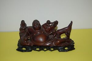 Antique Chinese Carved Boxwood Reclining Hotei Happy Buddha Wood Please Read